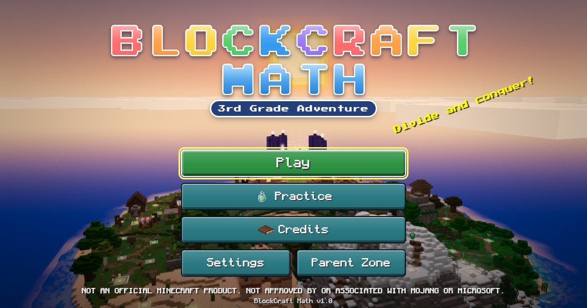 BlockCraft Math title screen over a blocky island at sunset