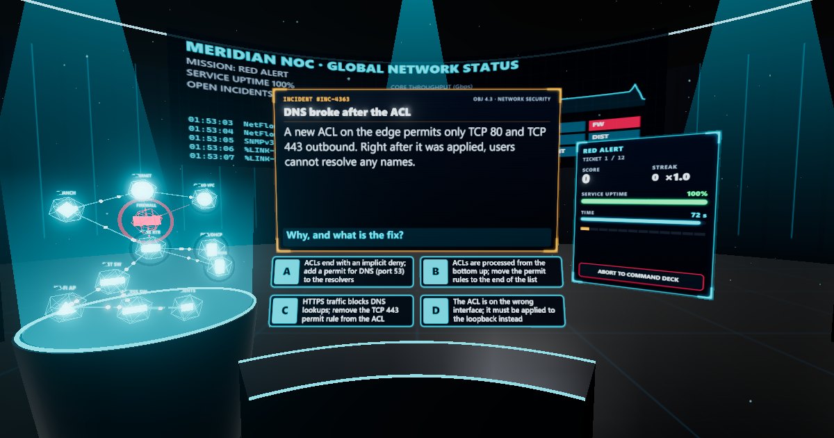 Uplink network operations center with an incident ticket, four answer choices and a glowing network topology hologram